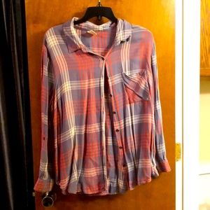 Coral grey and white plaid button up